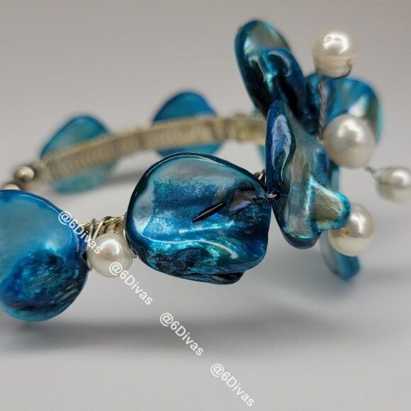 BLUE Sea Shell and Pearl Adjustable Cuff Bracelet - Picture 7 of 9